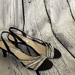 Cute short heeled rhinestone strap sandals. Size 10. Black Satin w/Rhinestones.
